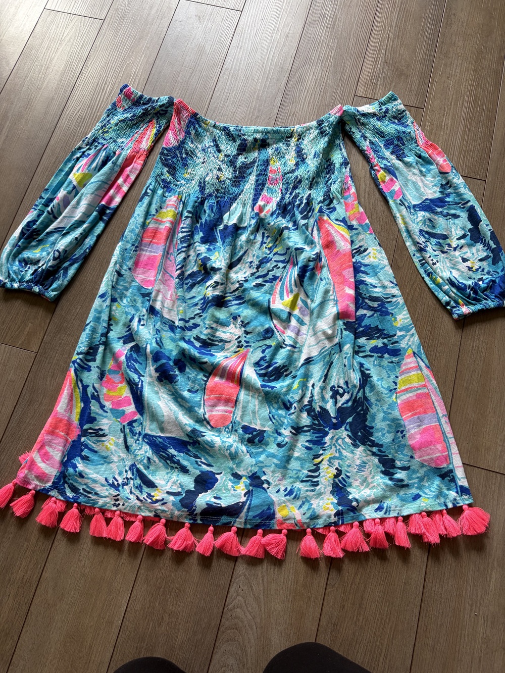 Lilly Pulitzer Trina Beach Mini Dress Women's Blue Size S Smocked Tassel Hem